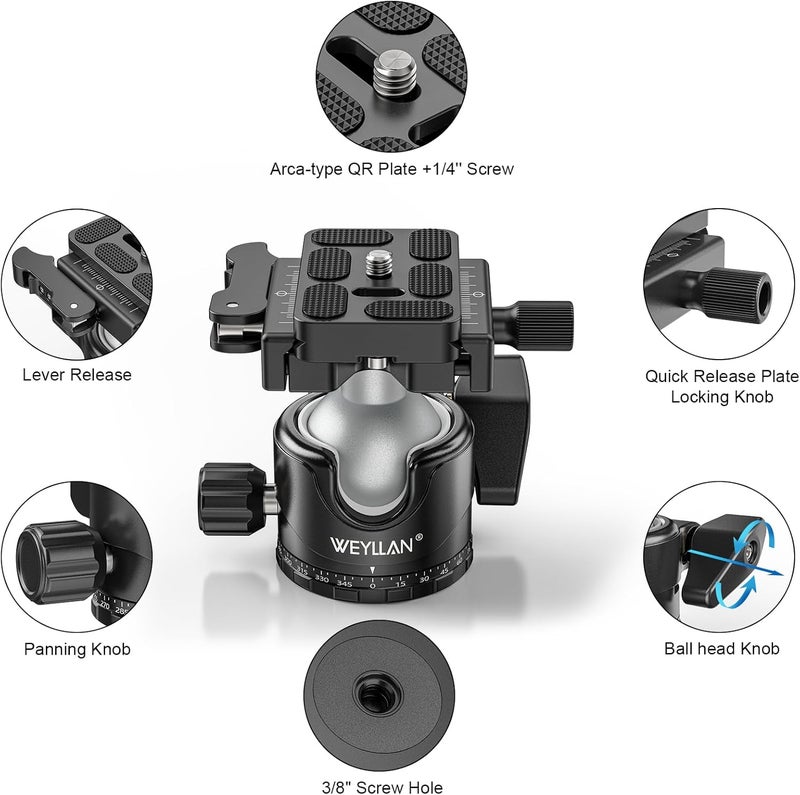 WEYLLAN EH36L Tripod Ball Head with Lever Release, 36mm Low Profile Heavy Duty Ball Head Mount with Arca Swiss Quick Release Plate for Camera Tripod Monopod DSLR Camcorder Telescope,Max Load 44lb/20kg - Image 3